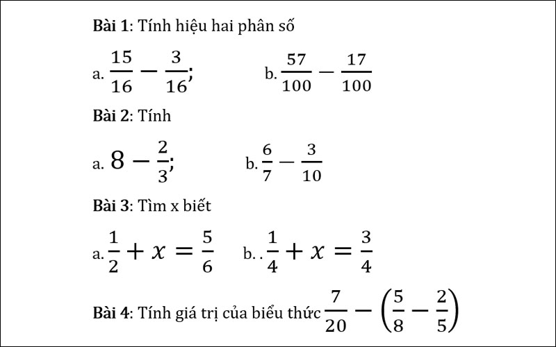 Một số bài tập tự luyện về phép trừ phân số